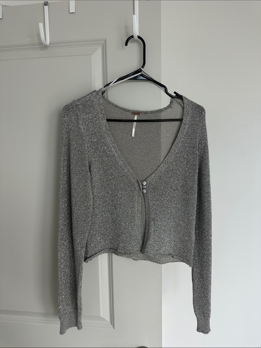 Free People Silver Shimmer V-Neck Cardigan
